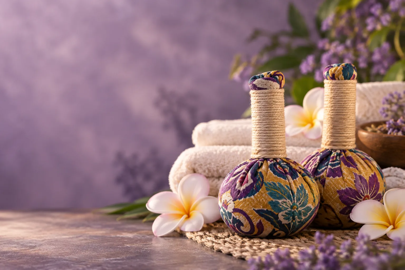 Illustration de deux pochons en tissu fleuri, de serviettes et de fleurs sur un fond mauve.
