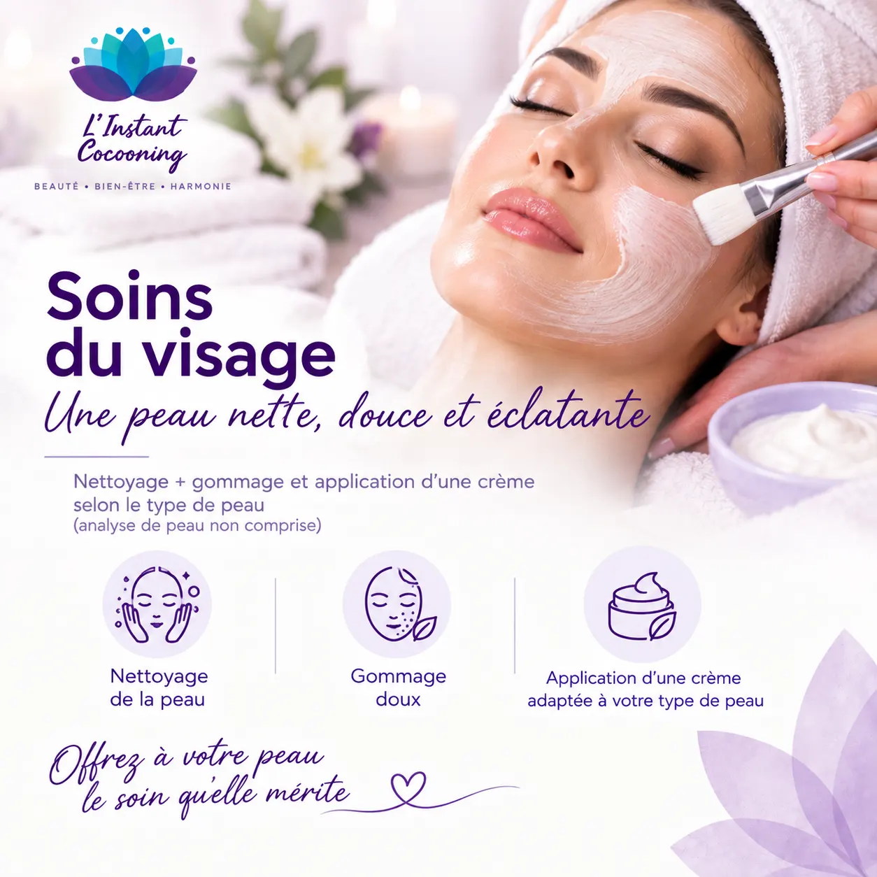 Nettoyage + gommage et application d'une crème selon le type de peau (analyse de peau non comprise)