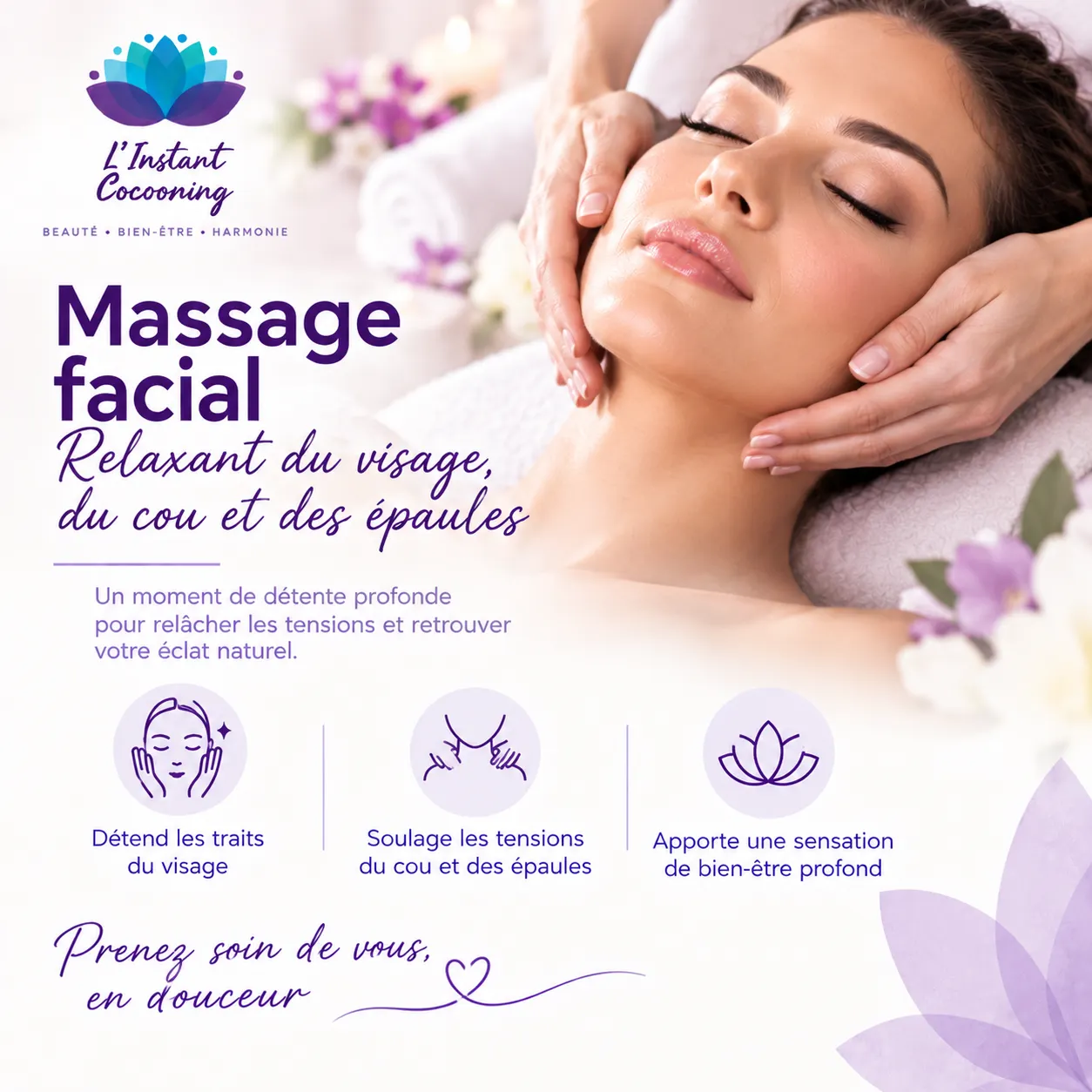 Massage relaxant du visage, du cou et des épaules (sans soin)