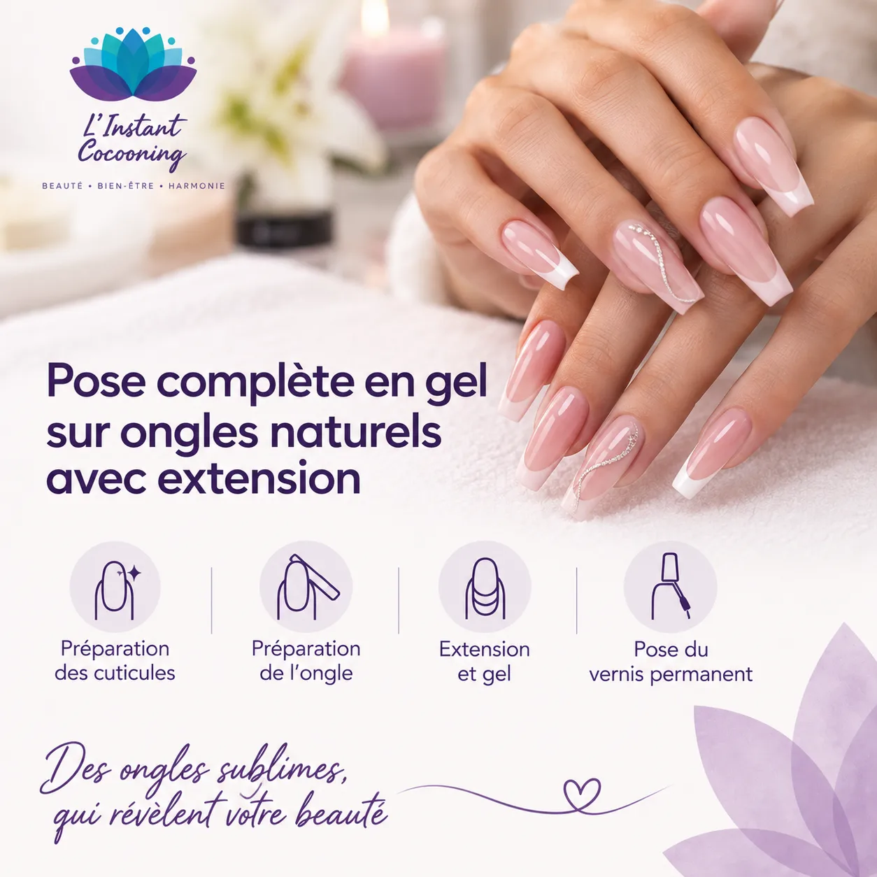 Pose complète en gel sur ongles naturels avec extension